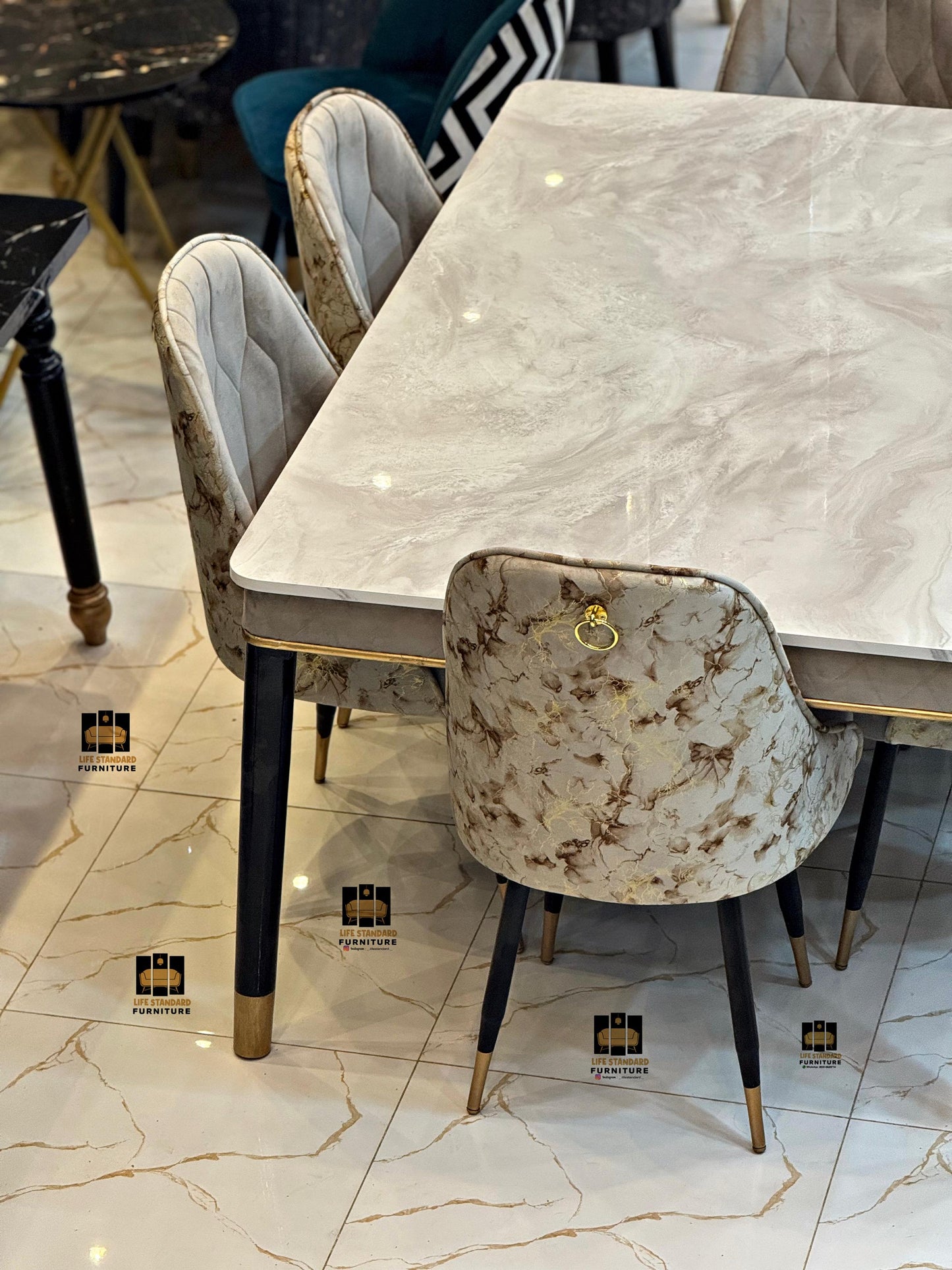 Luxury 8-Seater Dining Table – Black Marble UV Glass Finish