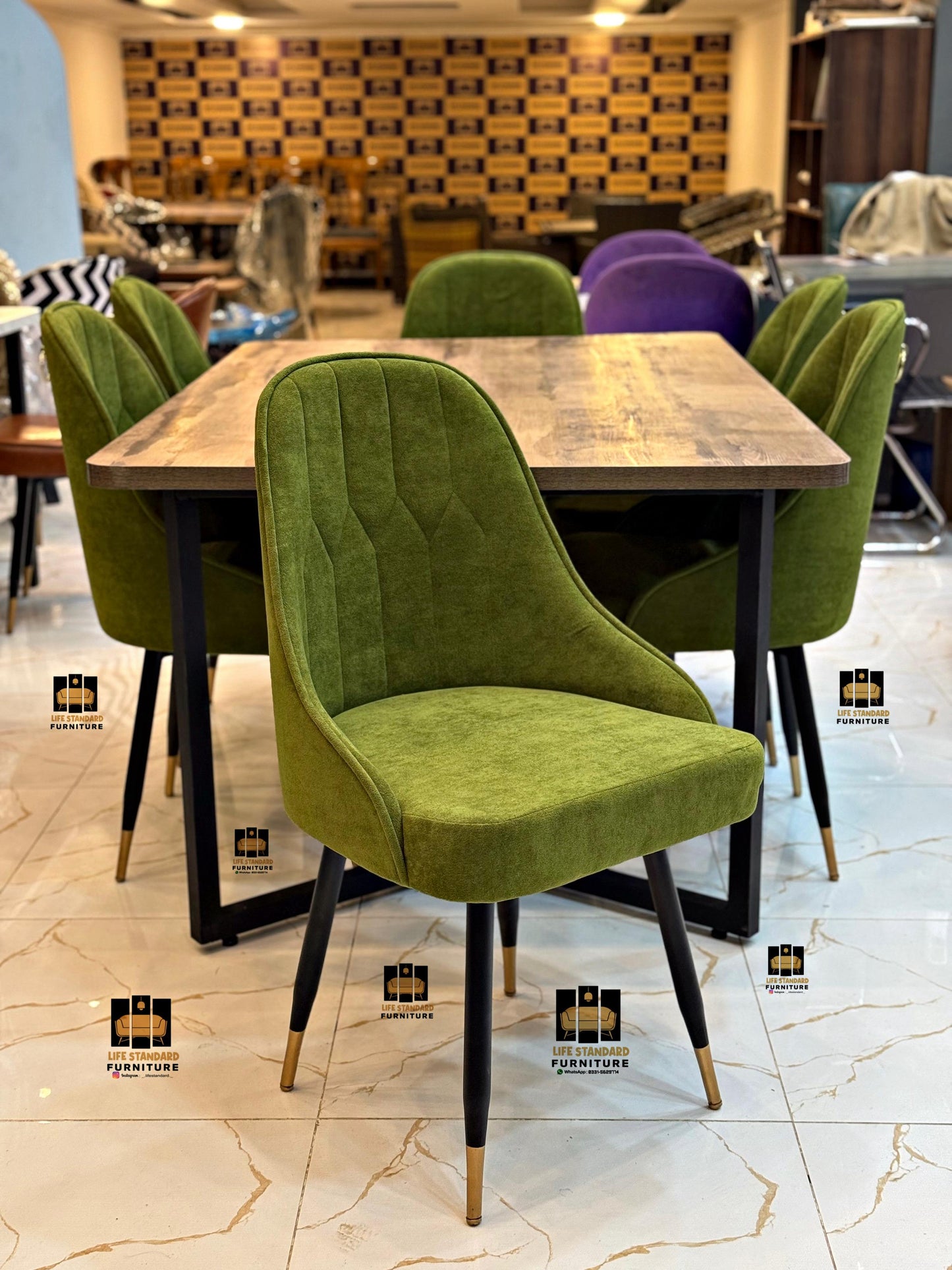 Luxury Modern Dining Table with 6 Elegant Olive Green Towel Fabric Chairs