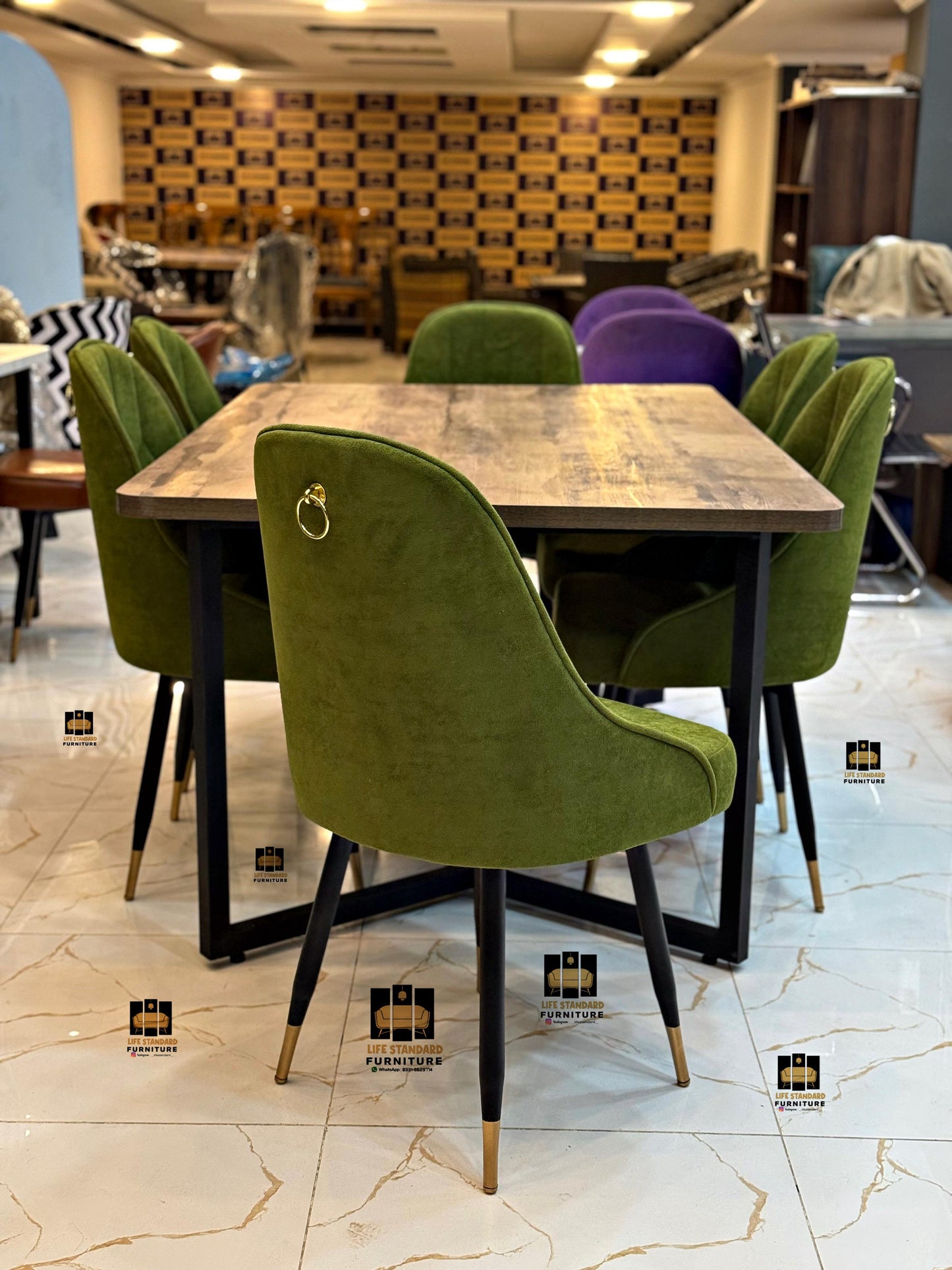 Luxury Modern Dining Table with 6 Elegant Olive Green Towel Fabric Chairs