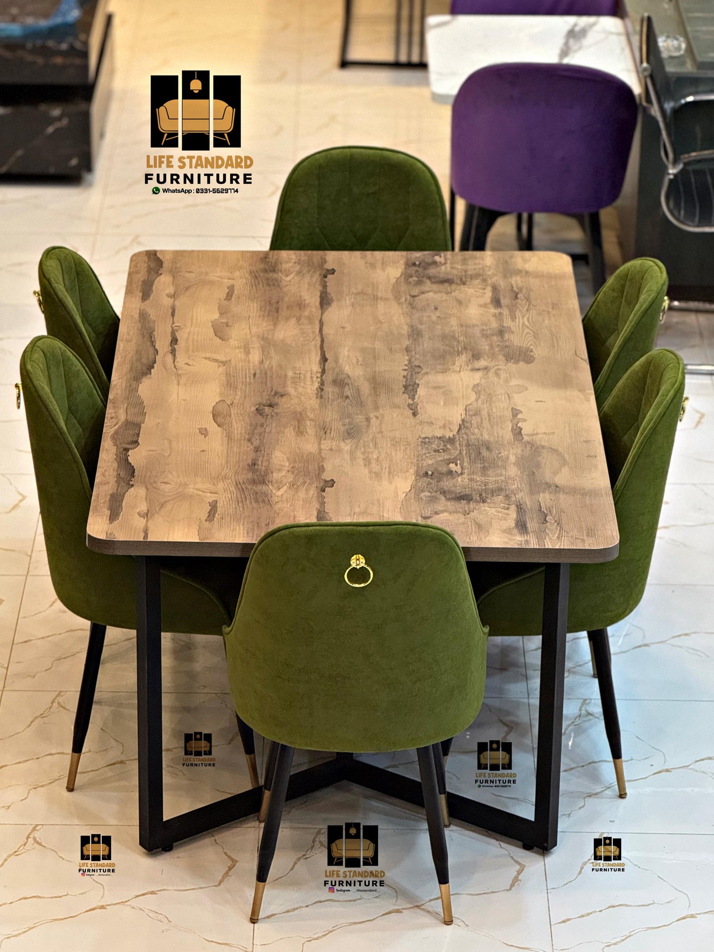 Luxury Modern Dining Table with 6 Elegant Olive Green Towel Fabric Chairs