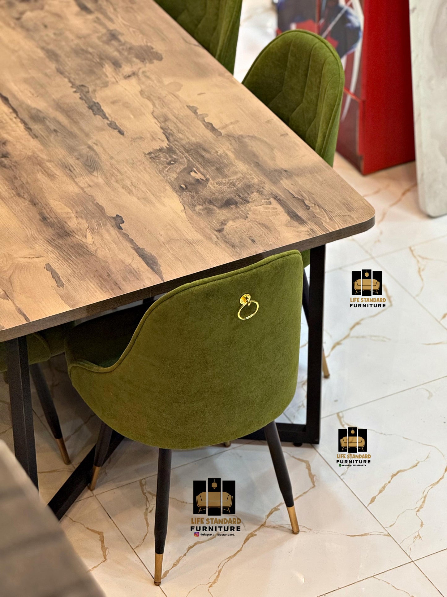 Luxury Modern Dining Table with 6 Elegant Olive Green Towel Fabric Chairs