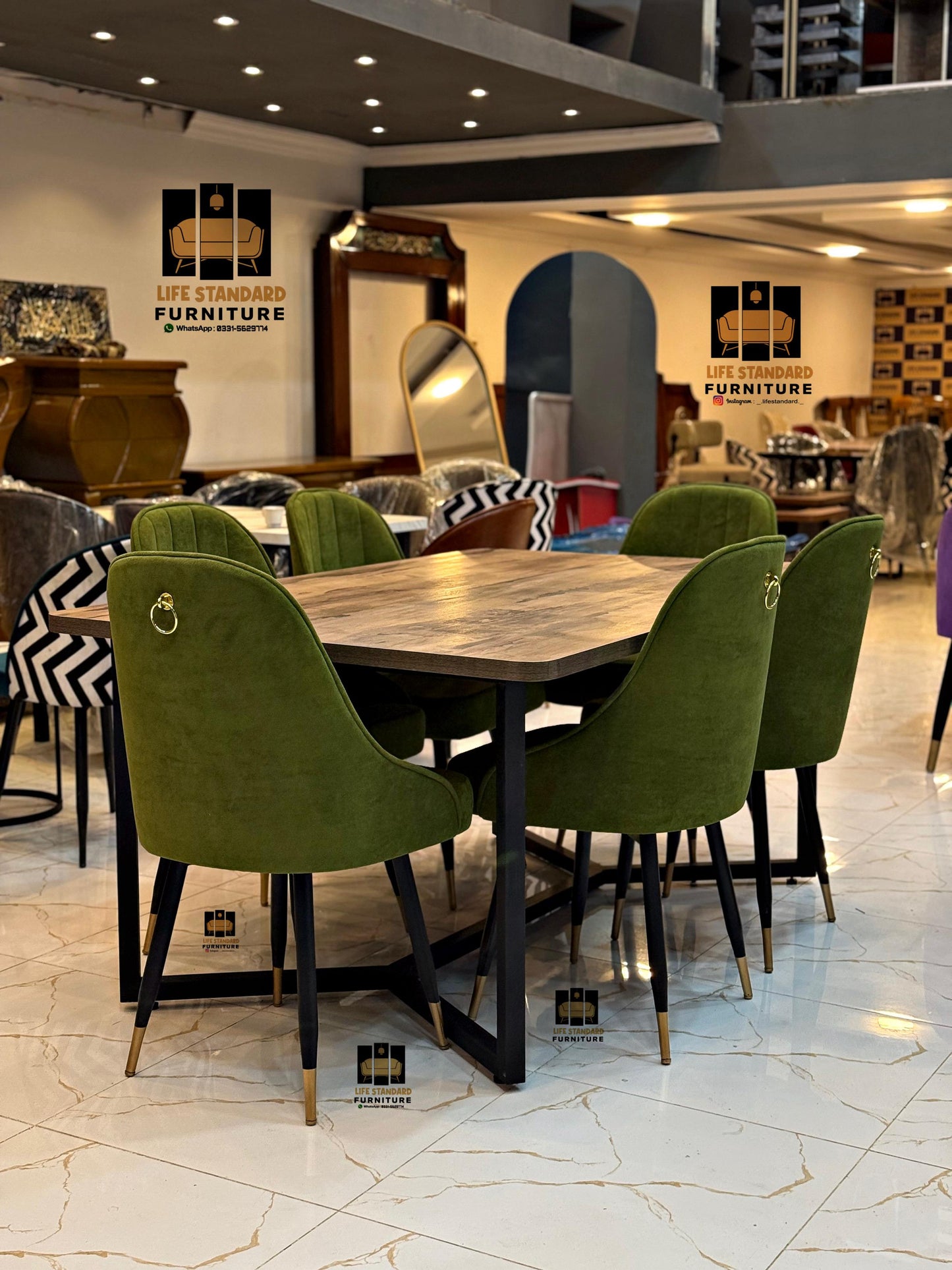 Luxury Modern Dining Table with 6 Elegant Olive Green Towel Fabric Chairs