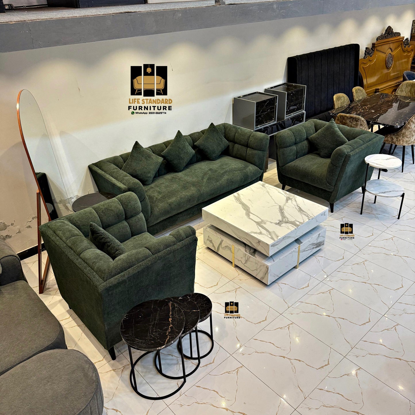 Modern Deep Green Suede Sofa Set – Plush Comfort by Life Standard Furniture