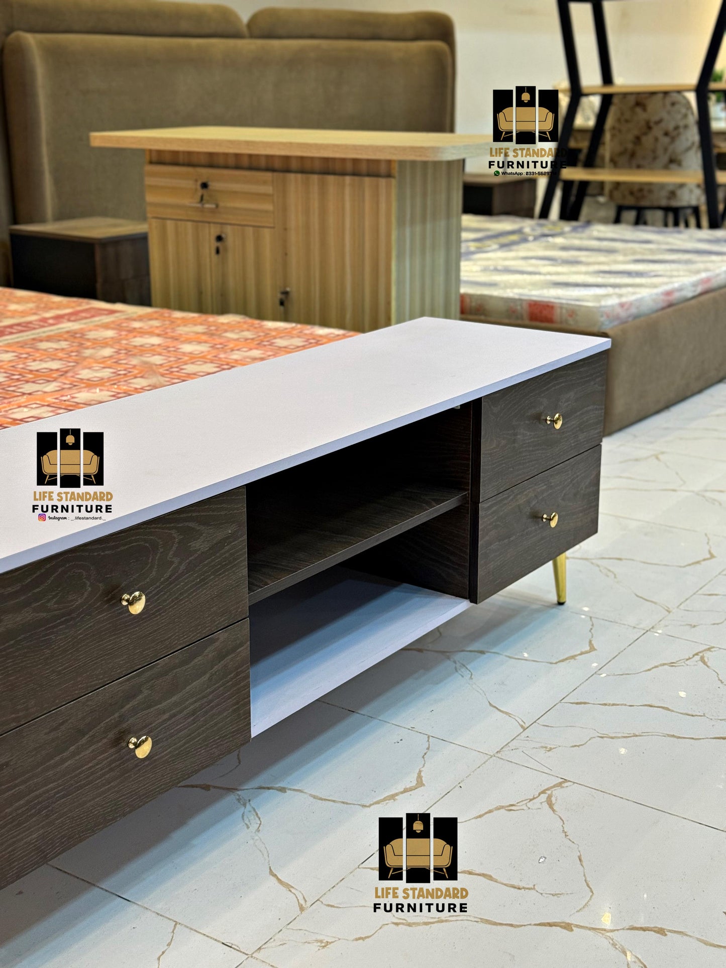 Modern Two-Tone Wooden TV Console with Storage Drawers – Walnut Finish with Gold Accents