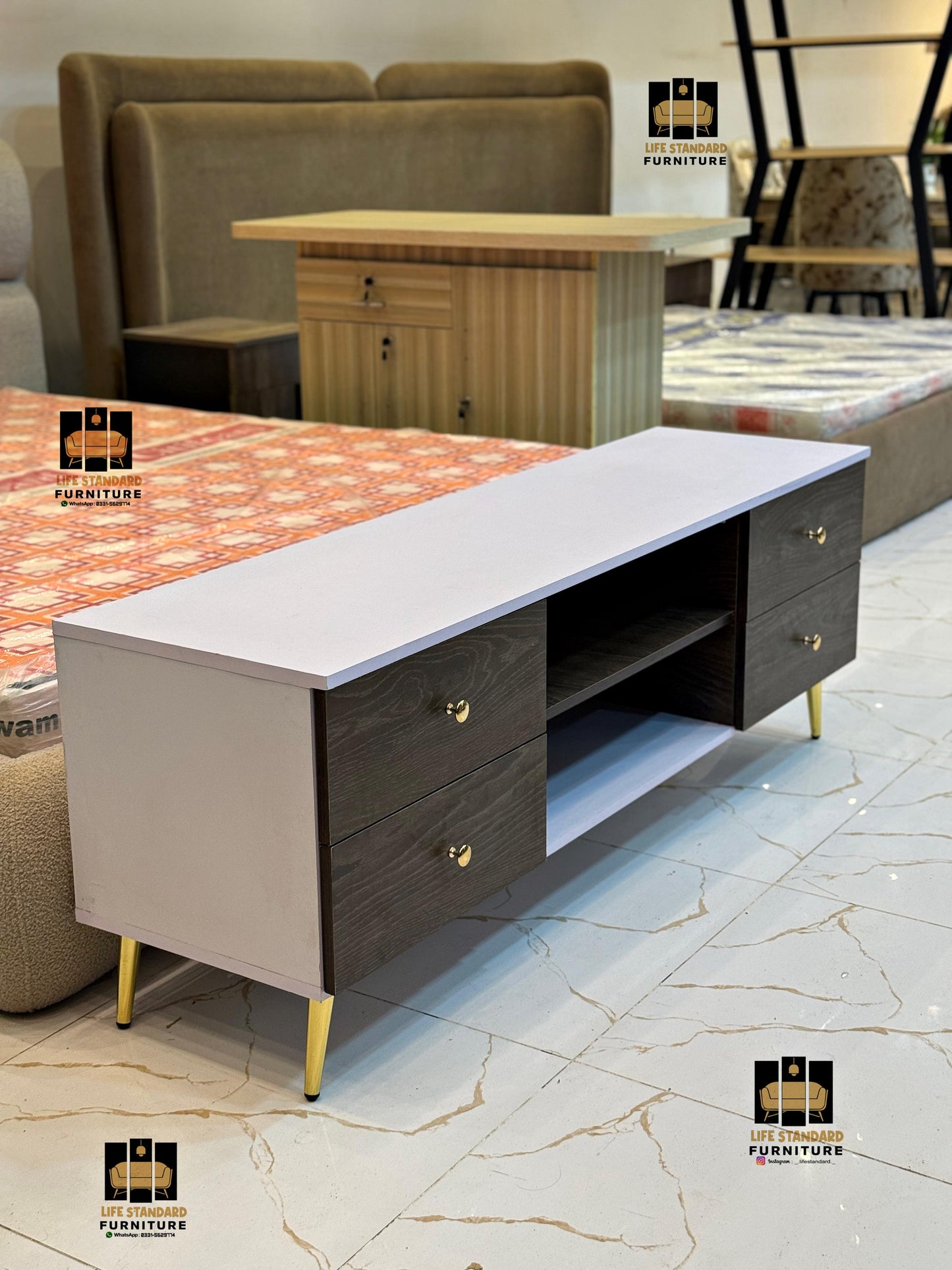 Modern Two-Tone Wooden TV Console with Storage Drawers – Walnut Finish with Gold Accents