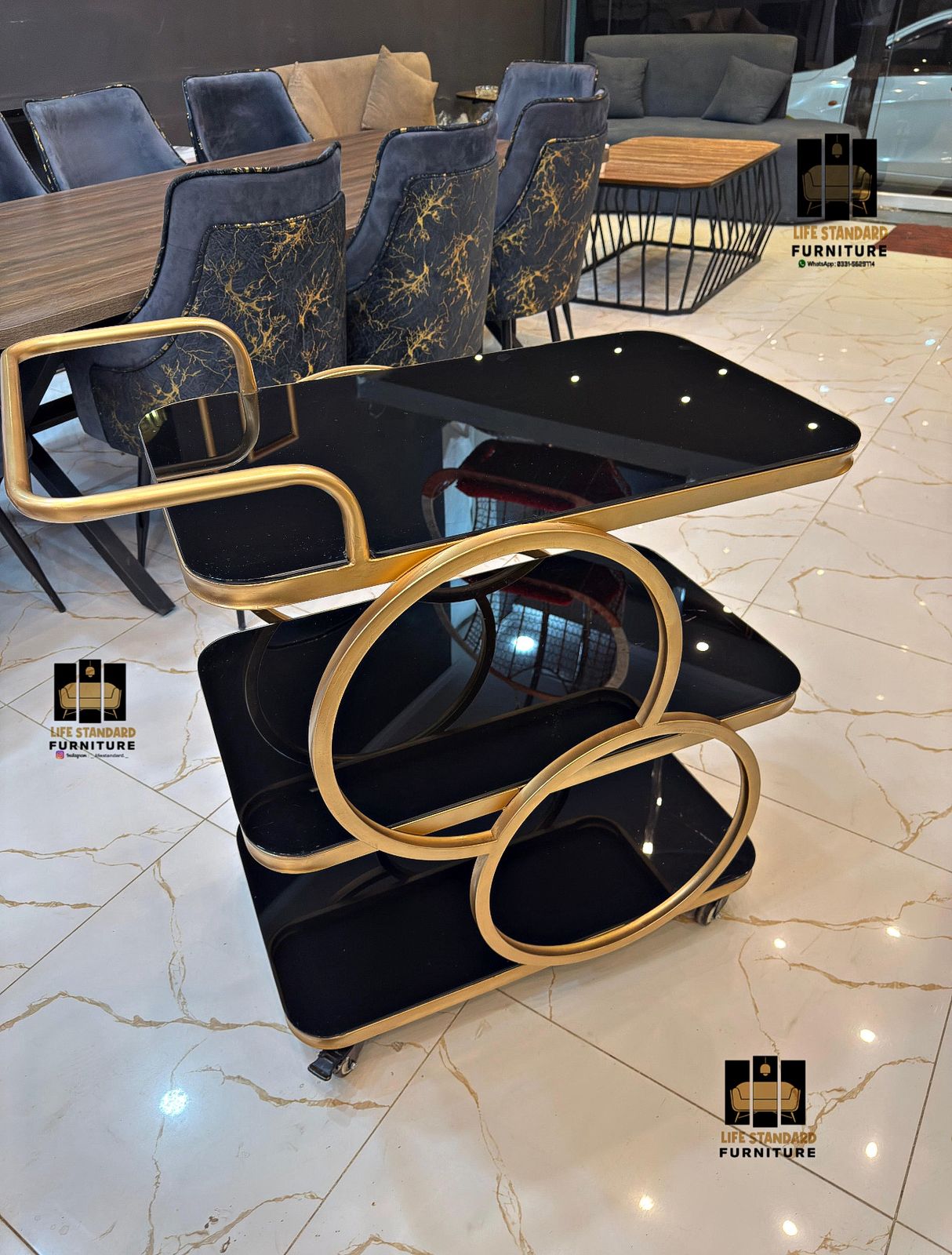 Luxury Black Glass & Golden Frame 3-Tier Trolley – Modern Bar & Tea Cart with Wheels
