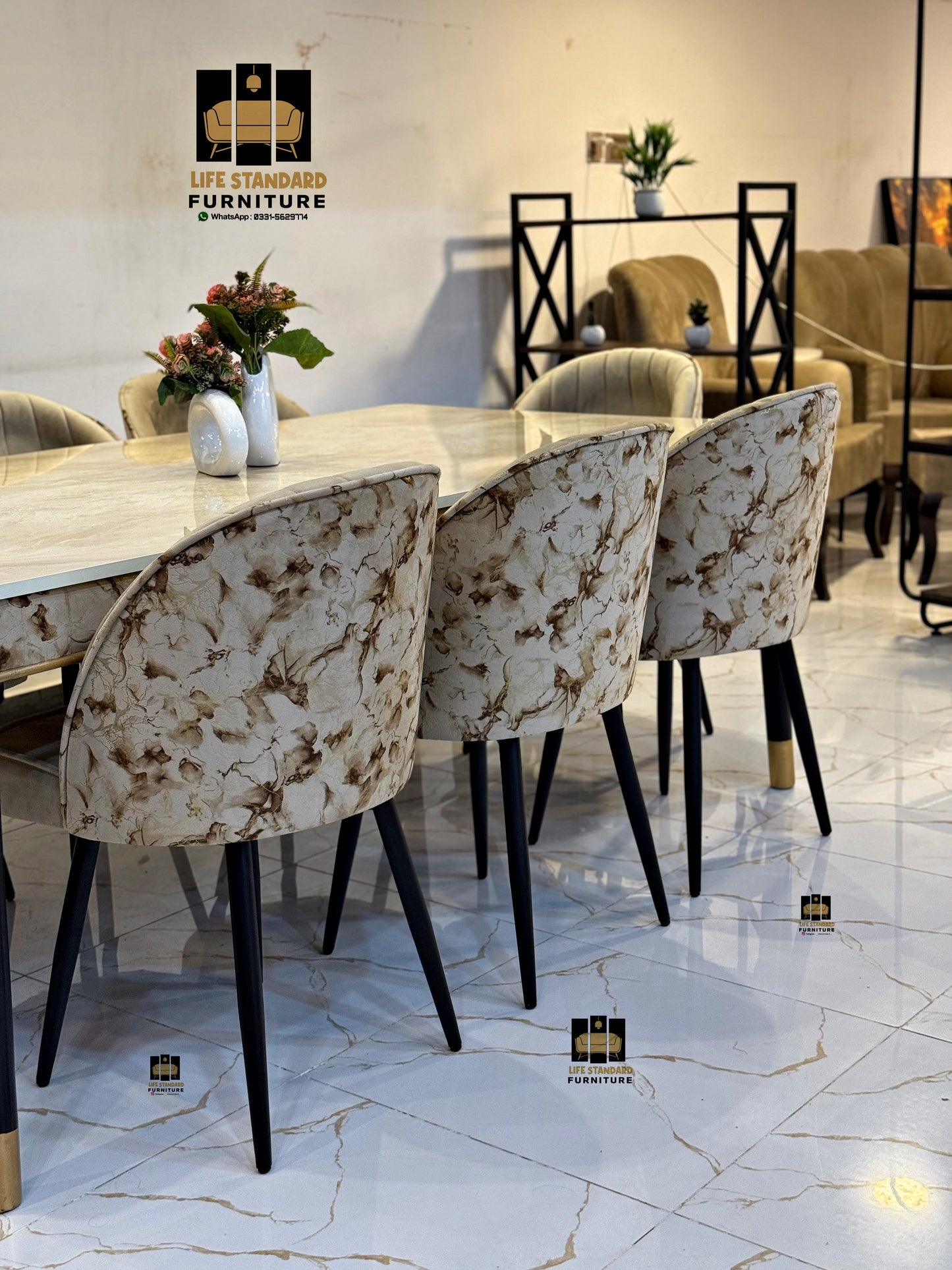 Luxurious 8-Seater Dining Table Set – Cream Marble Top