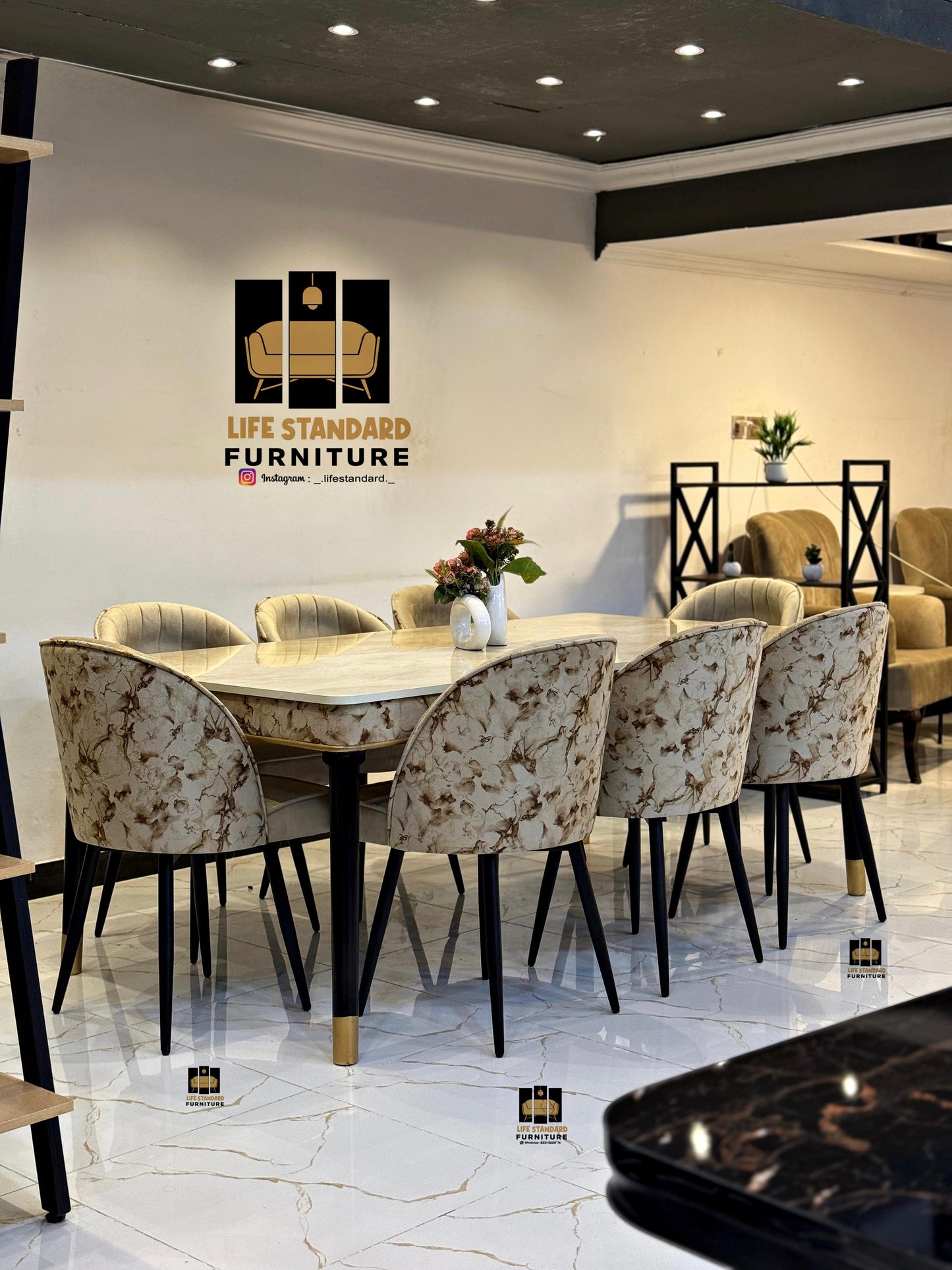 Luxurious 8-Seater Dining Table Set – Cream Marble Top
