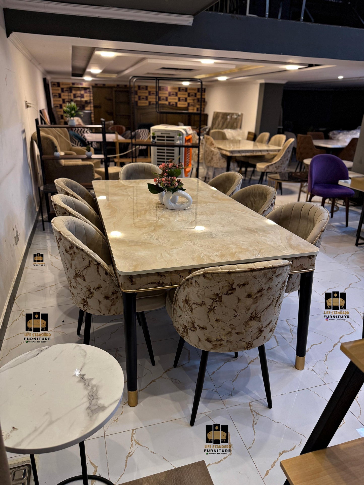 Luxurious 8-Seater Dining Table Set – Cream Marble Top
