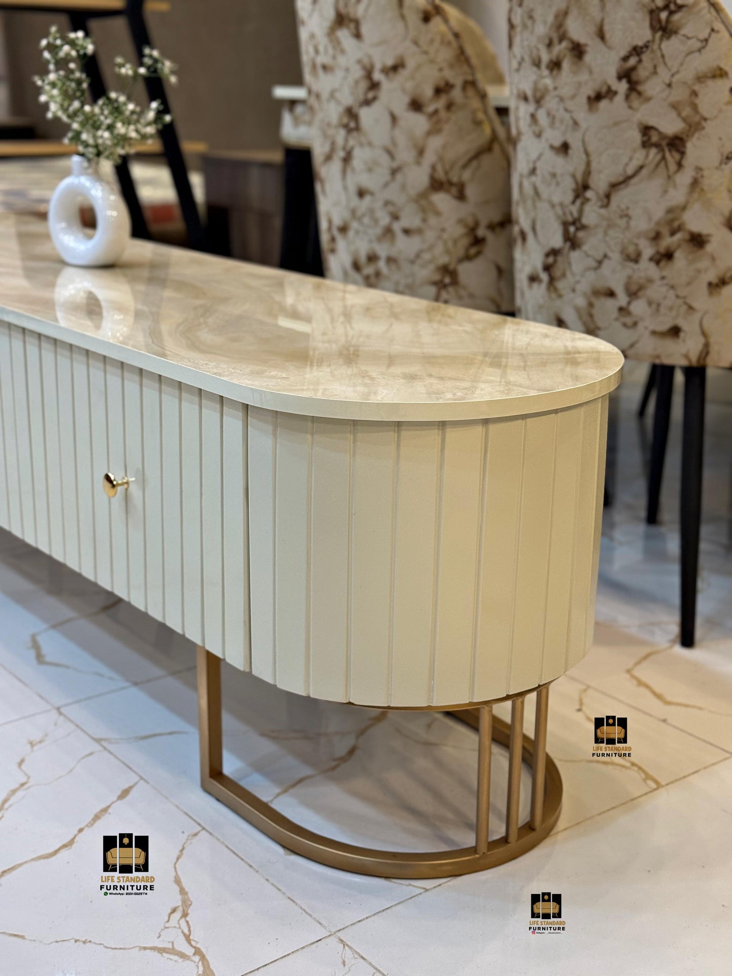 Luxury Modern TV Console with Marble Top & Deco Painted Finish