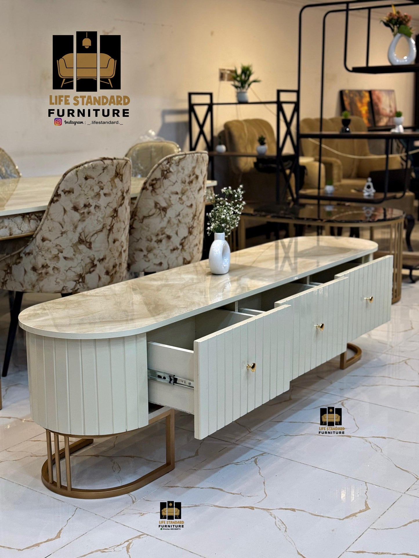 Luxury Modern TV Console with Marble Top & Deco Painted Finish