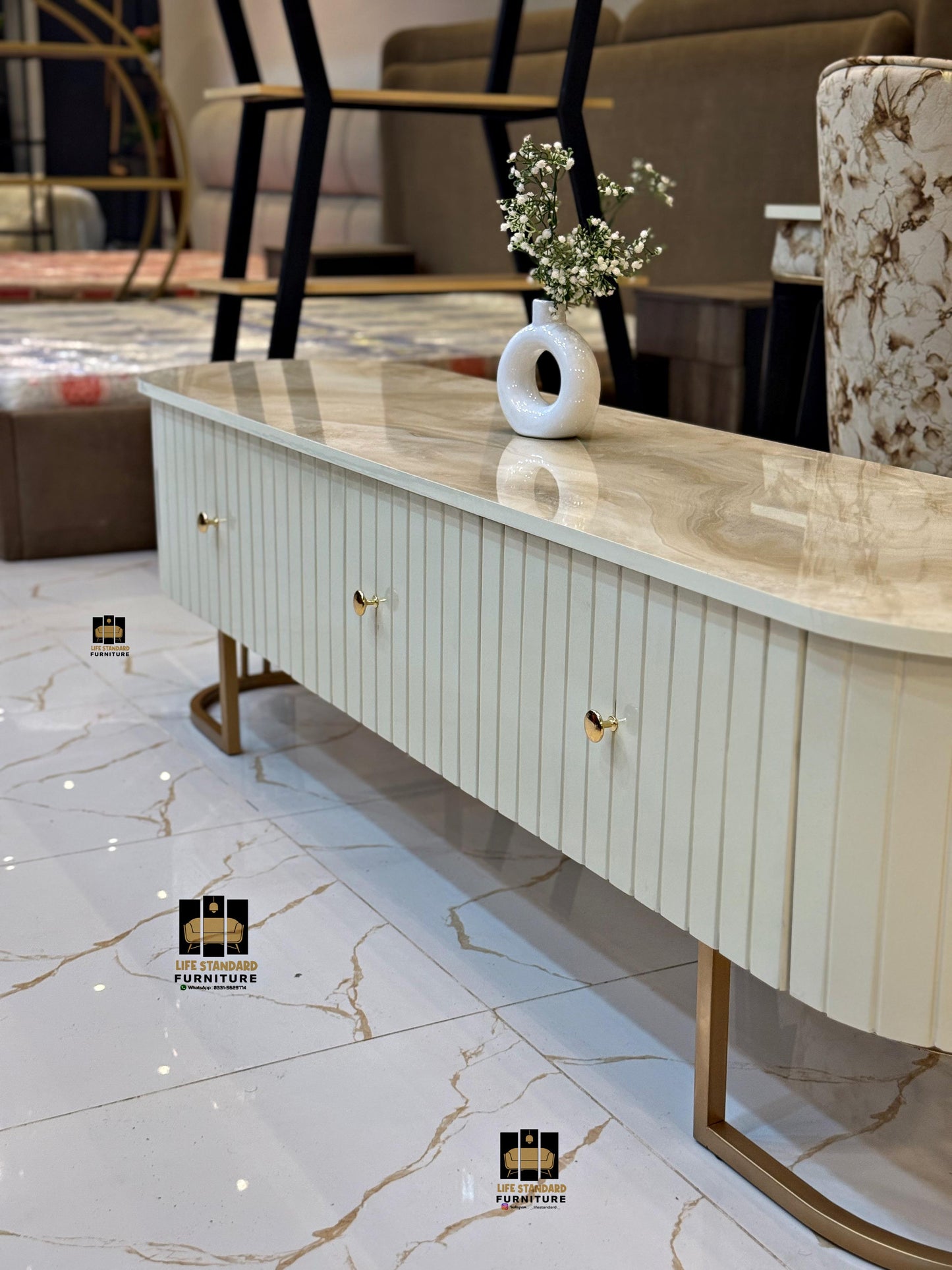 Luxury Modern TV Console with Marble Top & Deco Painted Finish