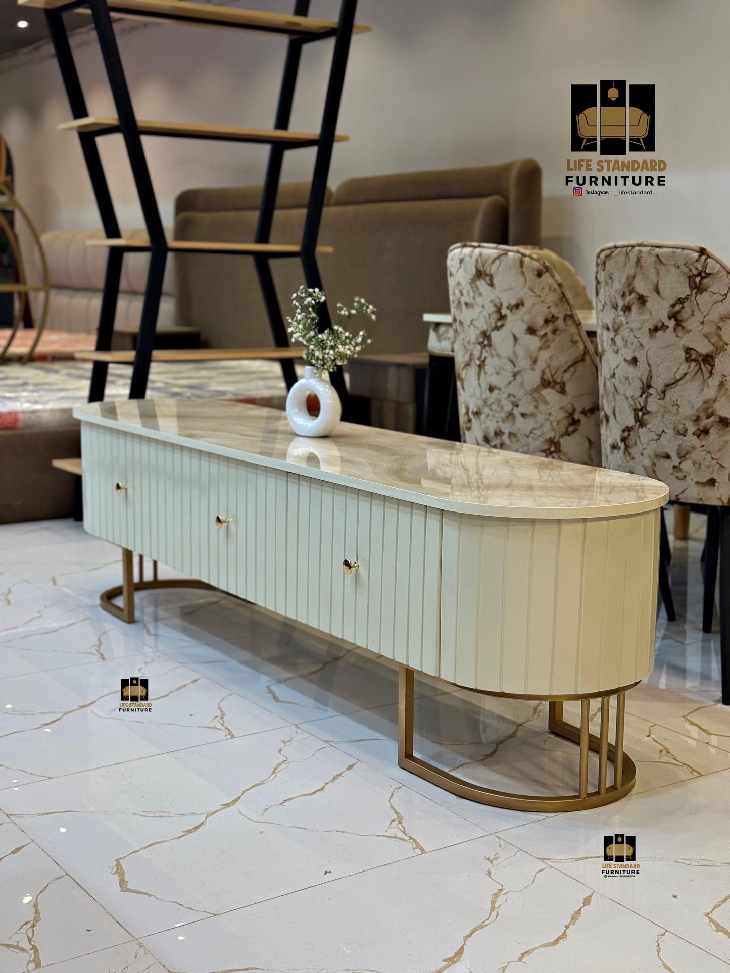 Luxury Modern TV Console with Marble Top & Deco Painted Finish