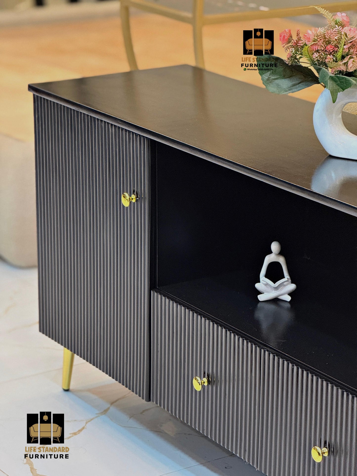 Modern Black TV Console / Sideboard – Elegant Design with Gold Accents
