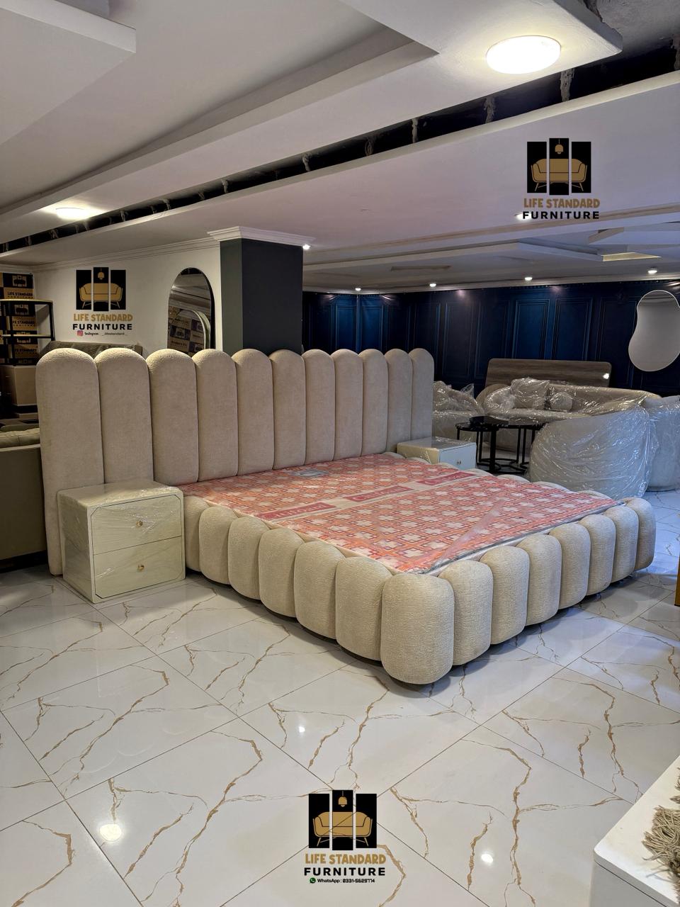 Luxury Upholstered Bed with Towel Fabric lamp Deco Side Tables