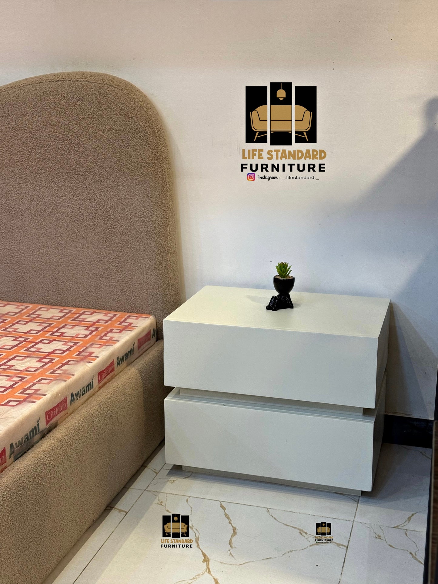 Modern Upholstered Bed with Deco-Painted Side Tables – A Blend of Comfort, Luxury & Functionality