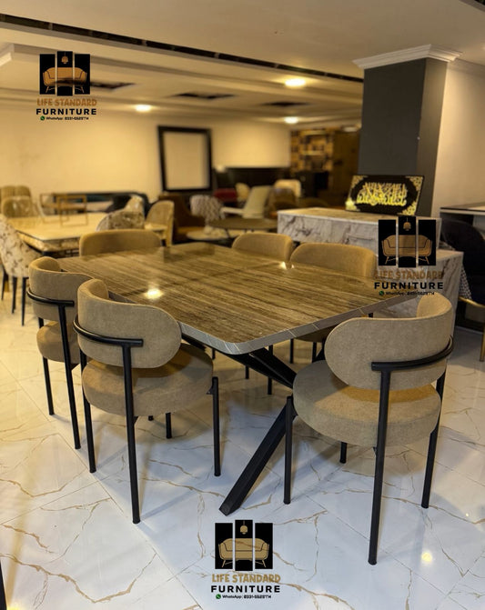 Luxury Marble Dining Table Set with 6 Upholstered Chairs