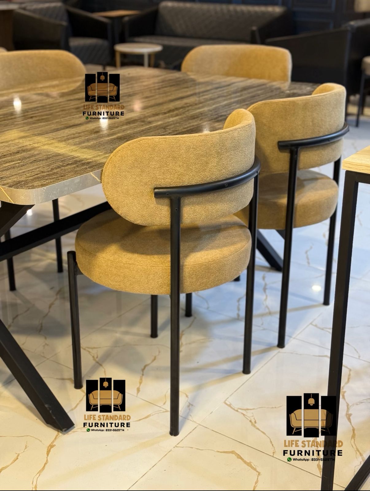 Luxury Marble Dining Table Set with 6 Upholstered Chairs