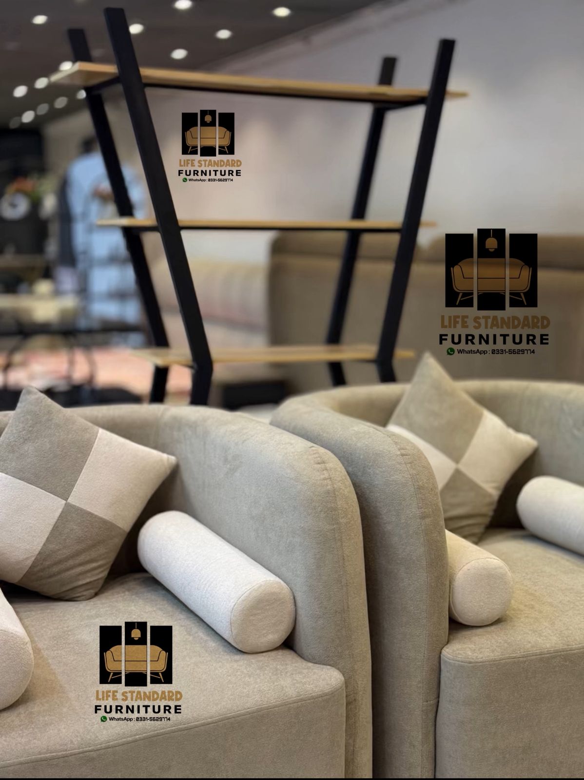 Luxury Beige Sofa Set with Marble Center Table – 7 Seater