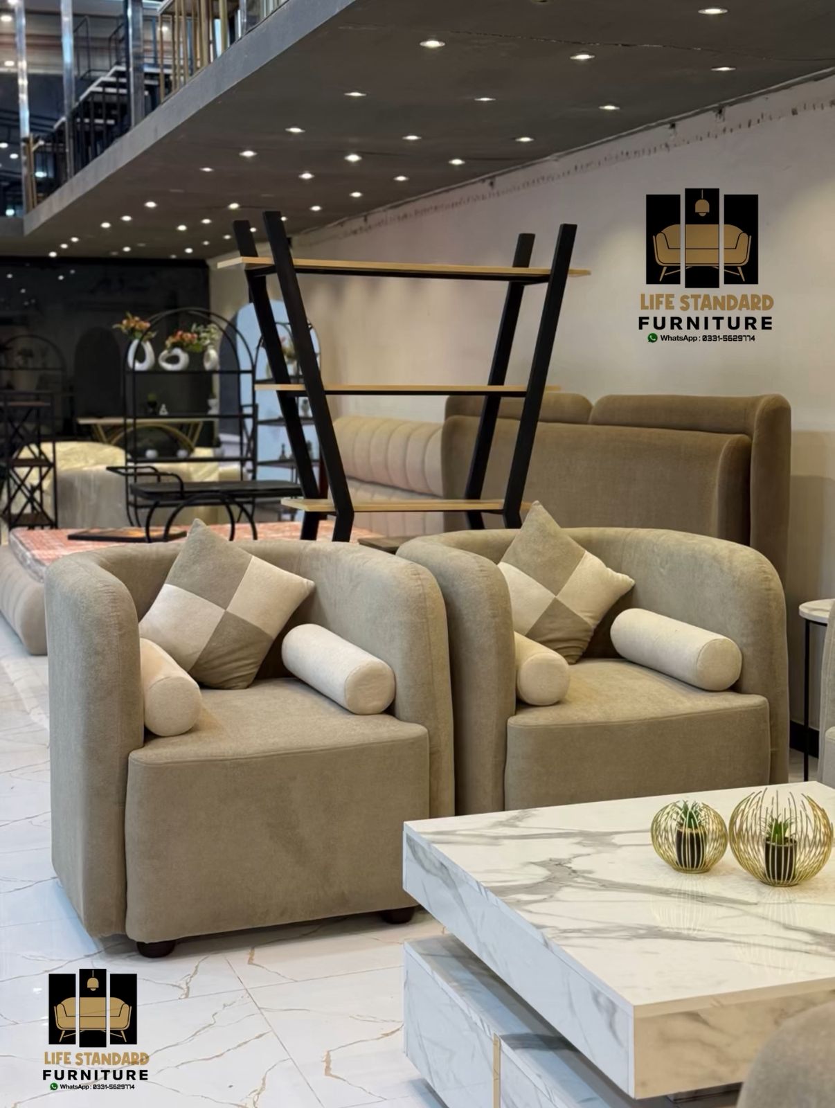 Luxury Beige Sofa Set with Marble Center Table – 7 Seater