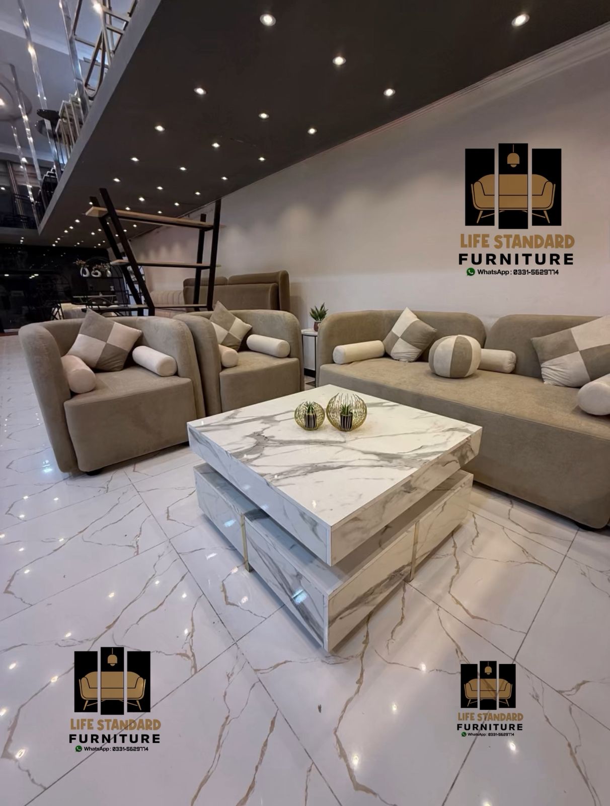 Luxury Beige Sofa Set with Marble Center Table – 7 Seater