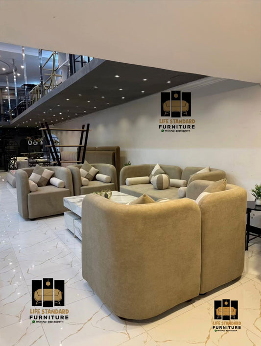 Luxury Beige Sofa Set with Marble Center Table – 7 Seater