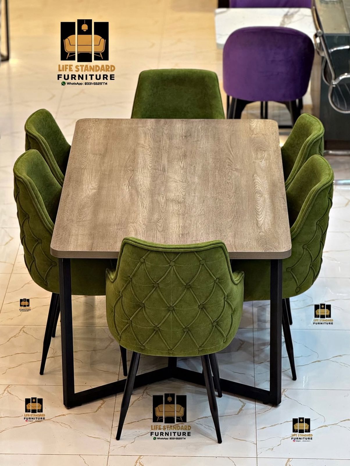 Modern 6 Seater Dining Table Set with Green Velvet Chairs