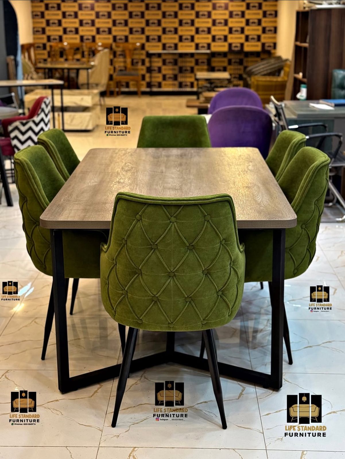 Modern 6 Seater Dining Table Set with Green Velvet Chairs