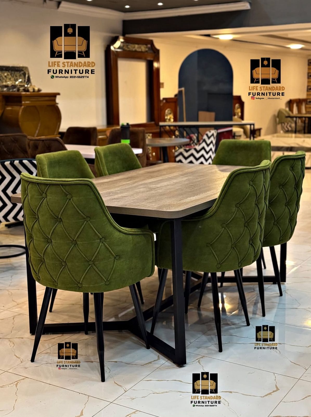 Modern 6 Seater Dining Table Set with Green Velvet Chairs