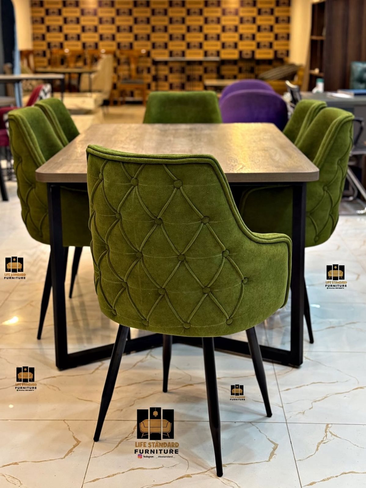 Modern 6 Seater Dining Table Set with Green Velvet Chairs