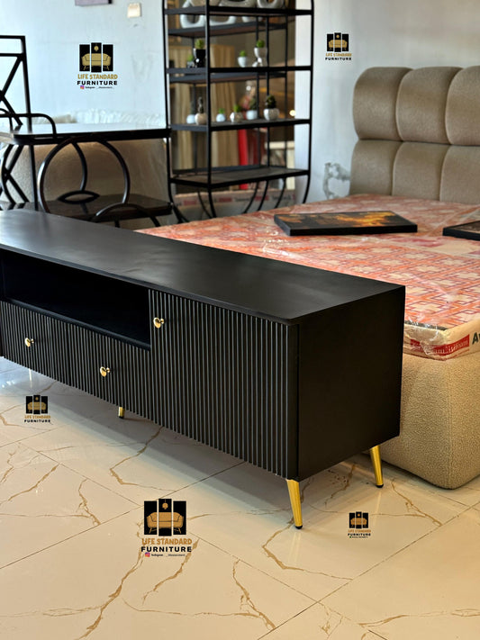 Modern Black Deco Sideboard / TV Console with Gold Accents – Luxury Storage Cabinet