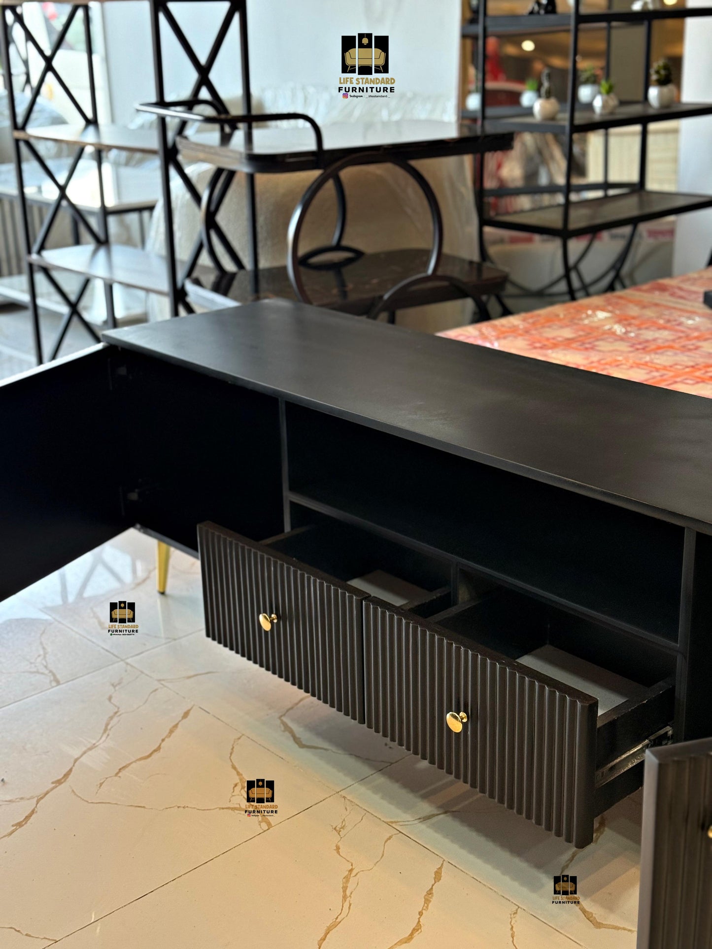 Modern Black Deco Sideboard / TV Console with Gold Accents – Luxury Storage Cabinet