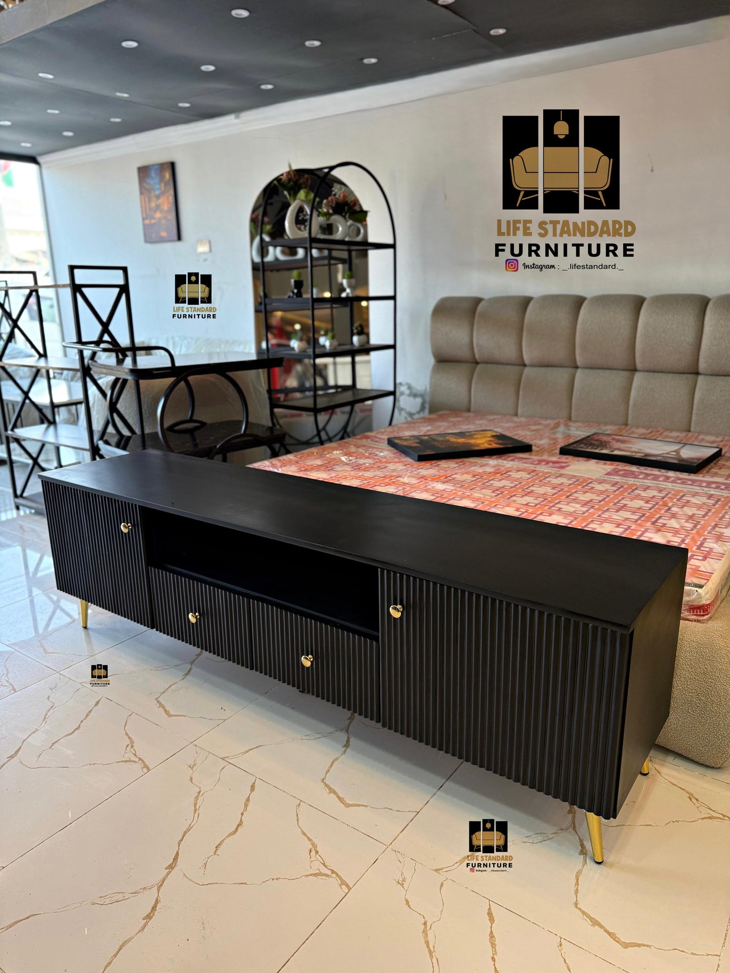 Modern Black Deco Sideboard / TV Console with Gold Accents – Luxury Storage Cabinet