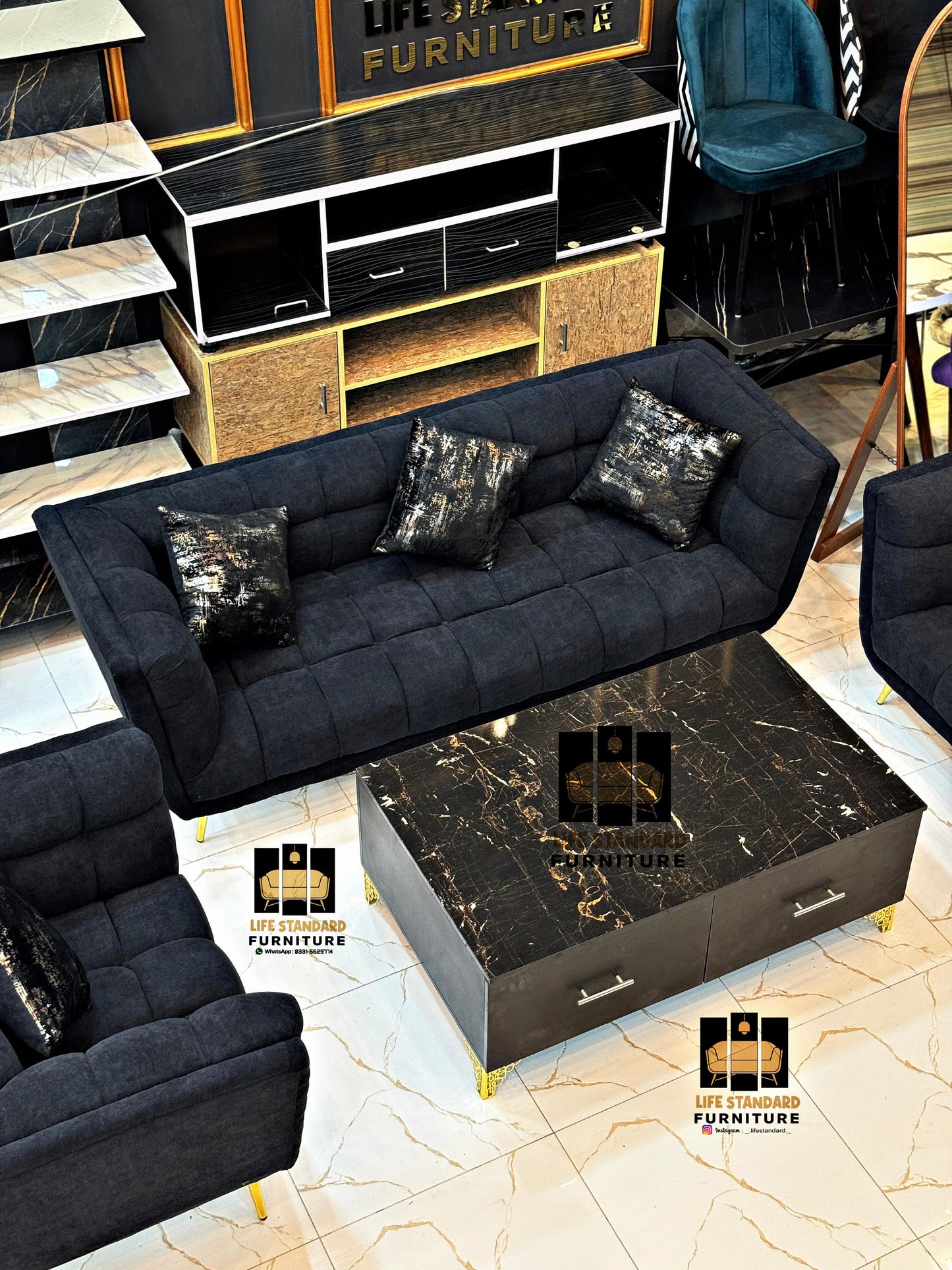 Luxury 5-Piece Black Velvet Living Room Set with Marble Coffee Table – Modern Elegance by Life Standard Furniture