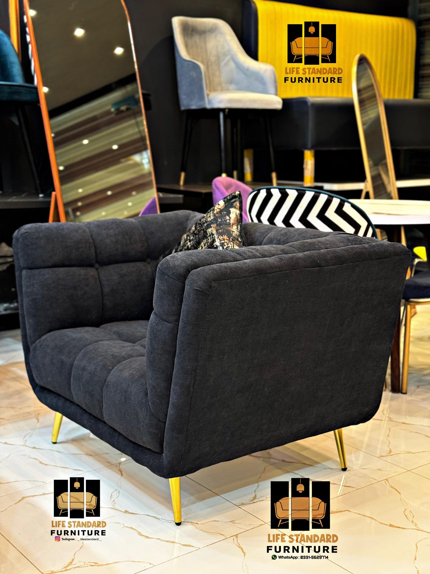 Luxury 5-Piece Black Velvet Living Room Set with Marble Coffee Table – Modern Elegance by Life Standard Furniture