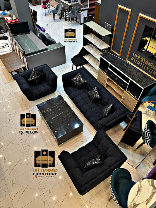 Luxury 5-Piece Black Velvet Living Room Set with Marble Coffee Table – Modern Elegance by Life Standard Furniture