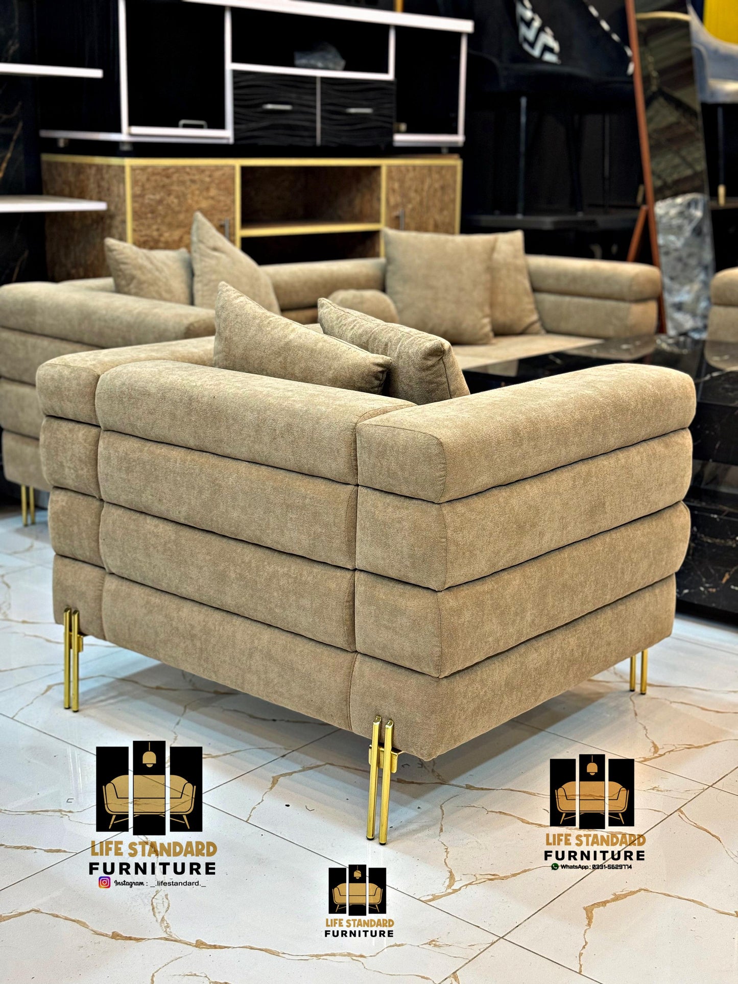 Luxury 5 Seater Beige Suede Living Room Set Elegance by Life Standard Furniture