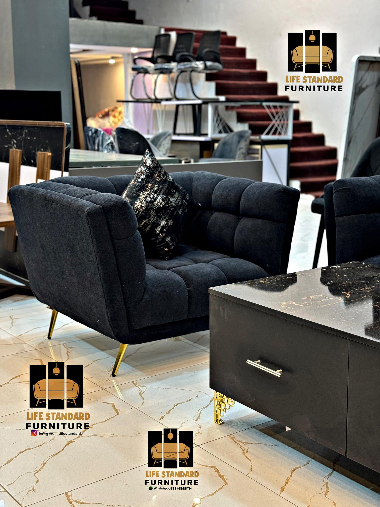 Luxury 5-Piece Black Velvet Living Room Set with Marble Coffee Table – Modern Elegance by Life Standard Furniture