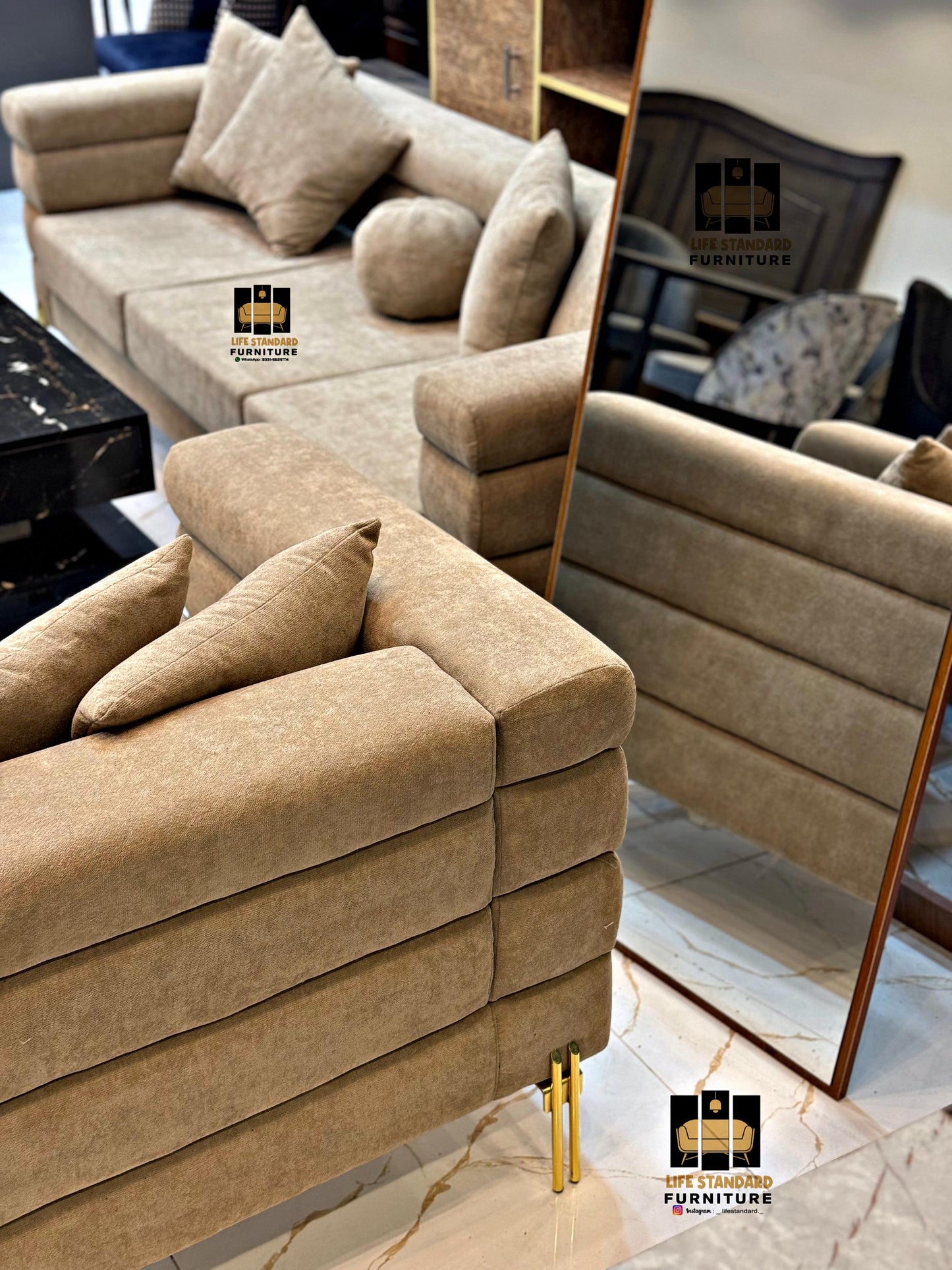 Luxury 5 Seater Beige Suede Living Room Set Elegance by Life Standard Furniture