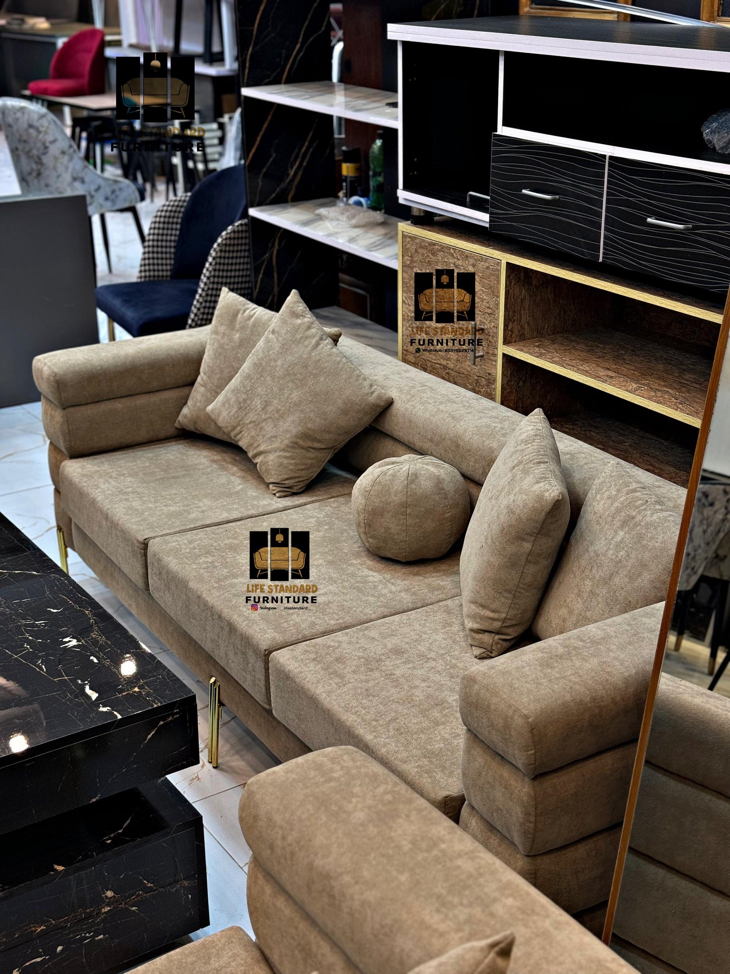 Luxury 5 Seater Beige Suede Living Room Set Elegance by Life Standard Furniture