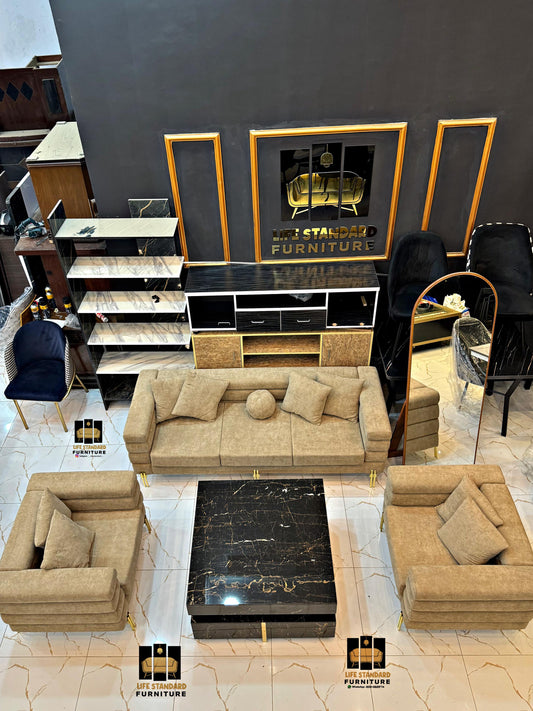 Luxury 5 Seater Beige Suede Living Room Set Elegance by Life Standard Furniture