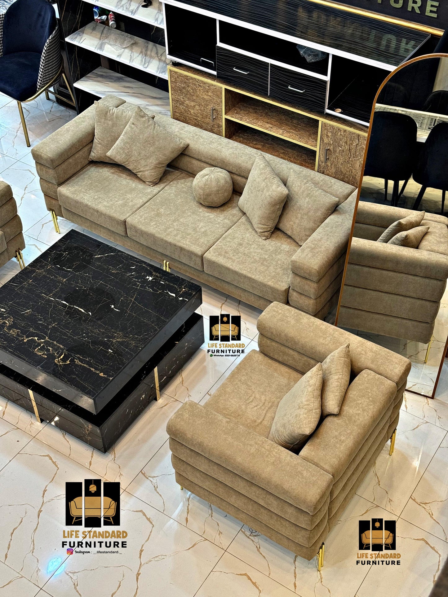Luxury 5 Seater Beige Suede Living Room Set Elegance by Life Standard Furniture