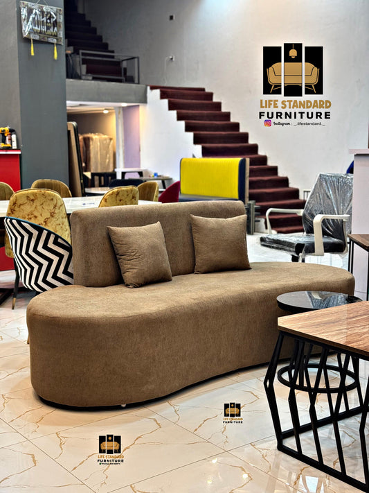Modern Brown Curved Sofa – Premium Comfort in Towel Fabric with Cushions