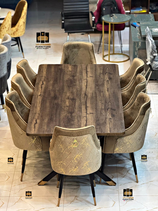 Luxury 8 Seater Dining Table Set – Matte Brown Finish with Turkish Velvet Chairs