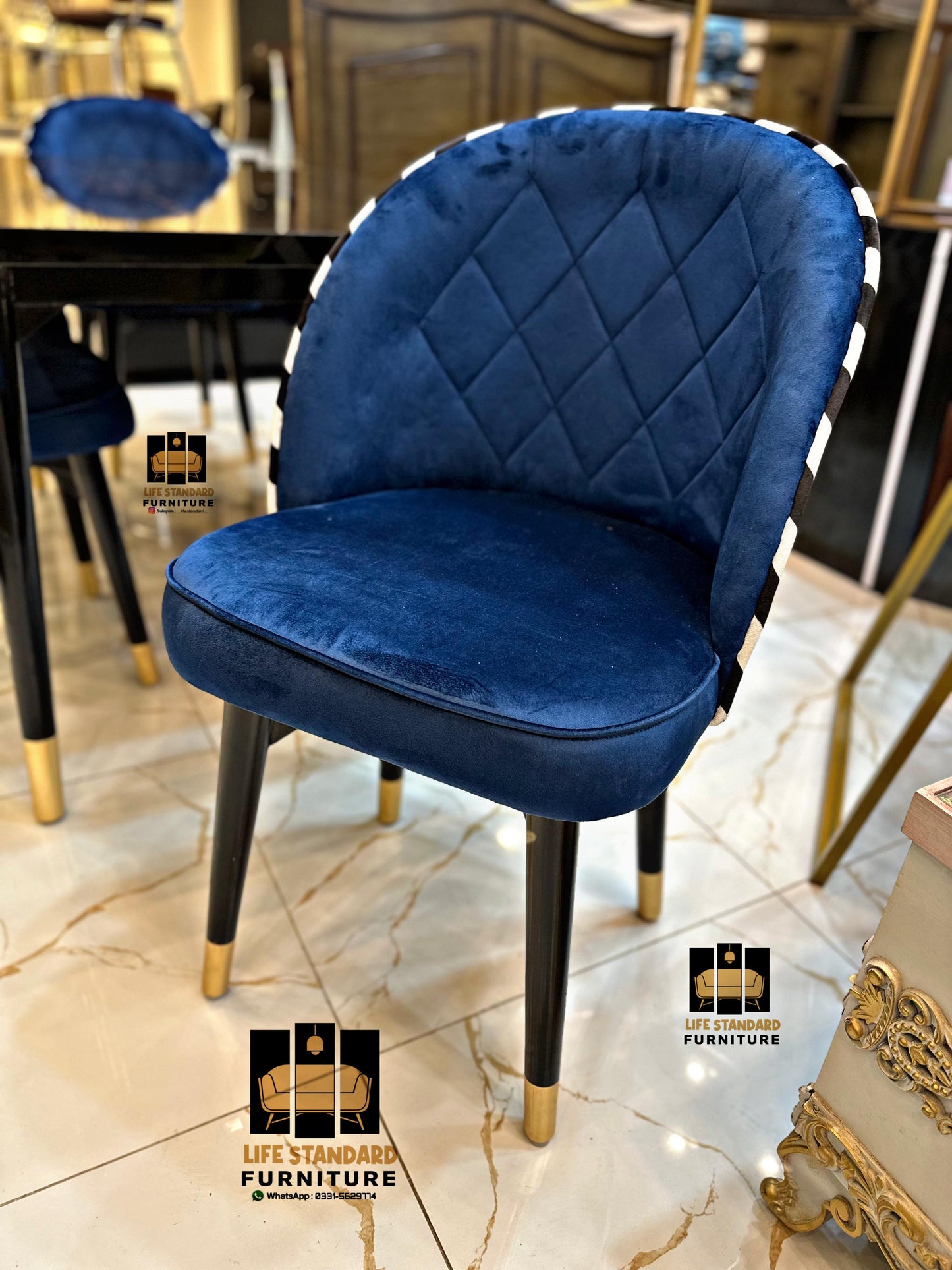 Modern Luxury 6-Seater Dining Table Set – Black Marble Top with Velvet Zigzag Texture Chairs
