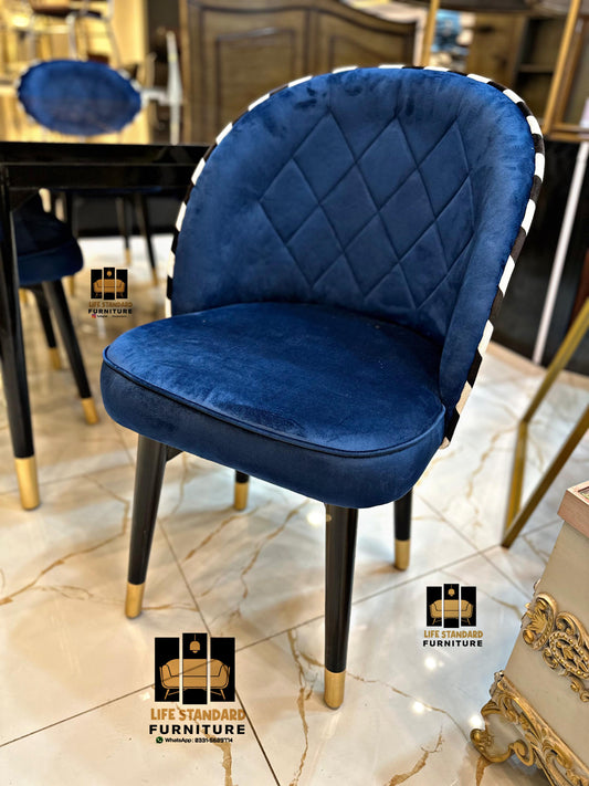 Modern Luxury 6-Seater Dining Table Set – Black Marble Top with Velvet Zigzag Texture Chairs