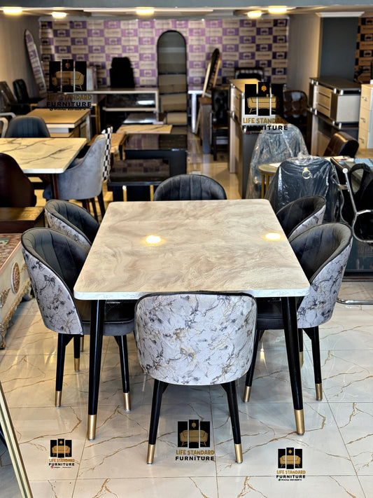 Modern Luxury Marble Dining Table Set with 6 Velvet Chairs – Elegant Gold-Tipped Desig