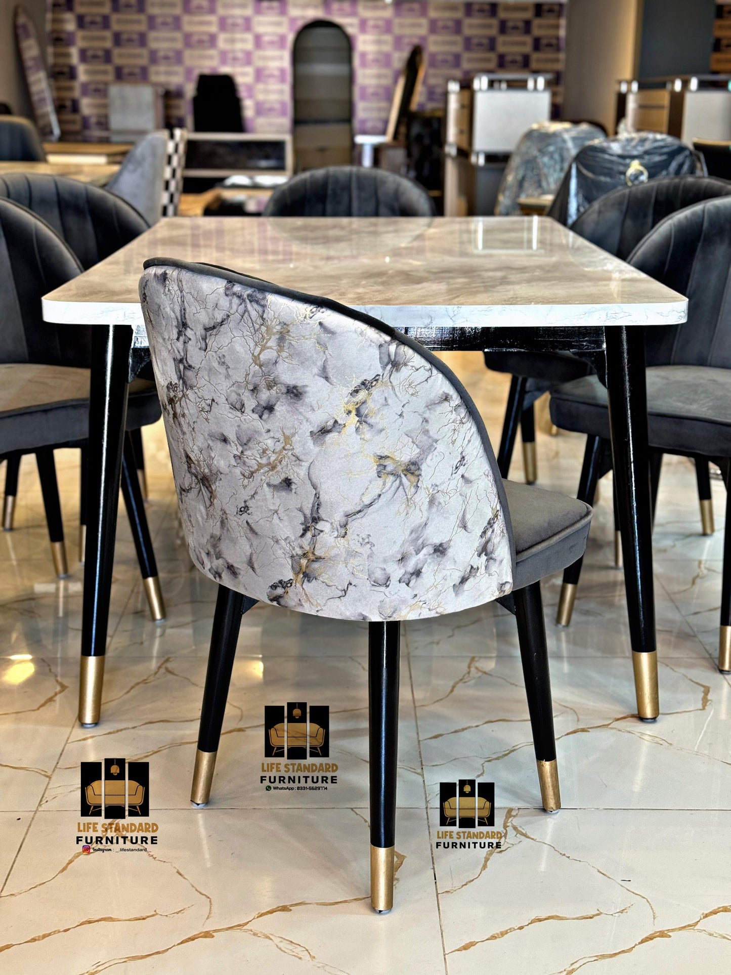 Modern Luxury Marble Dining Table Set with 6 Velvet Chairs – Elegant Gold-Tipped Desig
