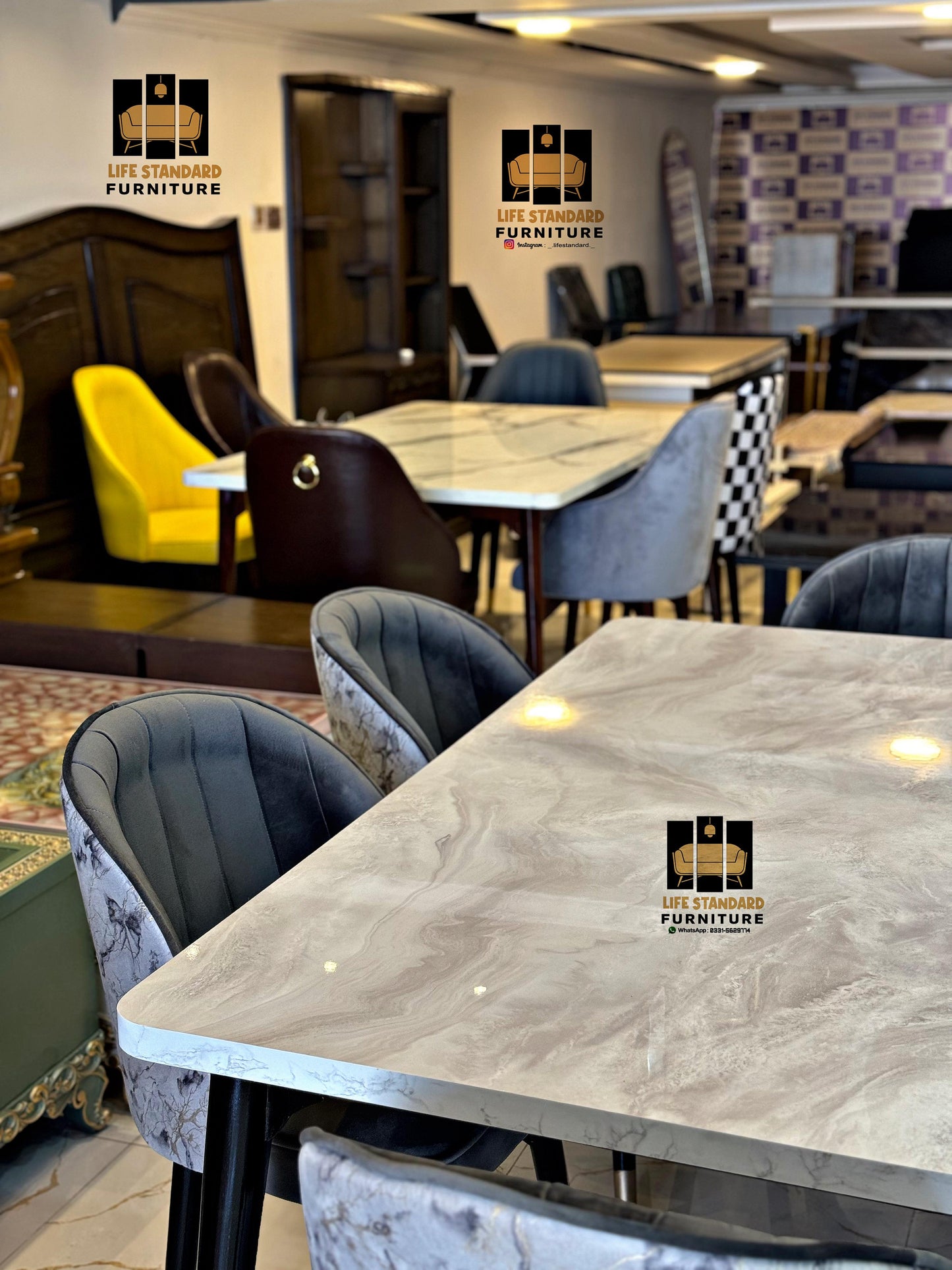 Modern Luxury Marble Dining Table Set with 6 Velvet Chairs – Elegant Gold-Tipped Desig