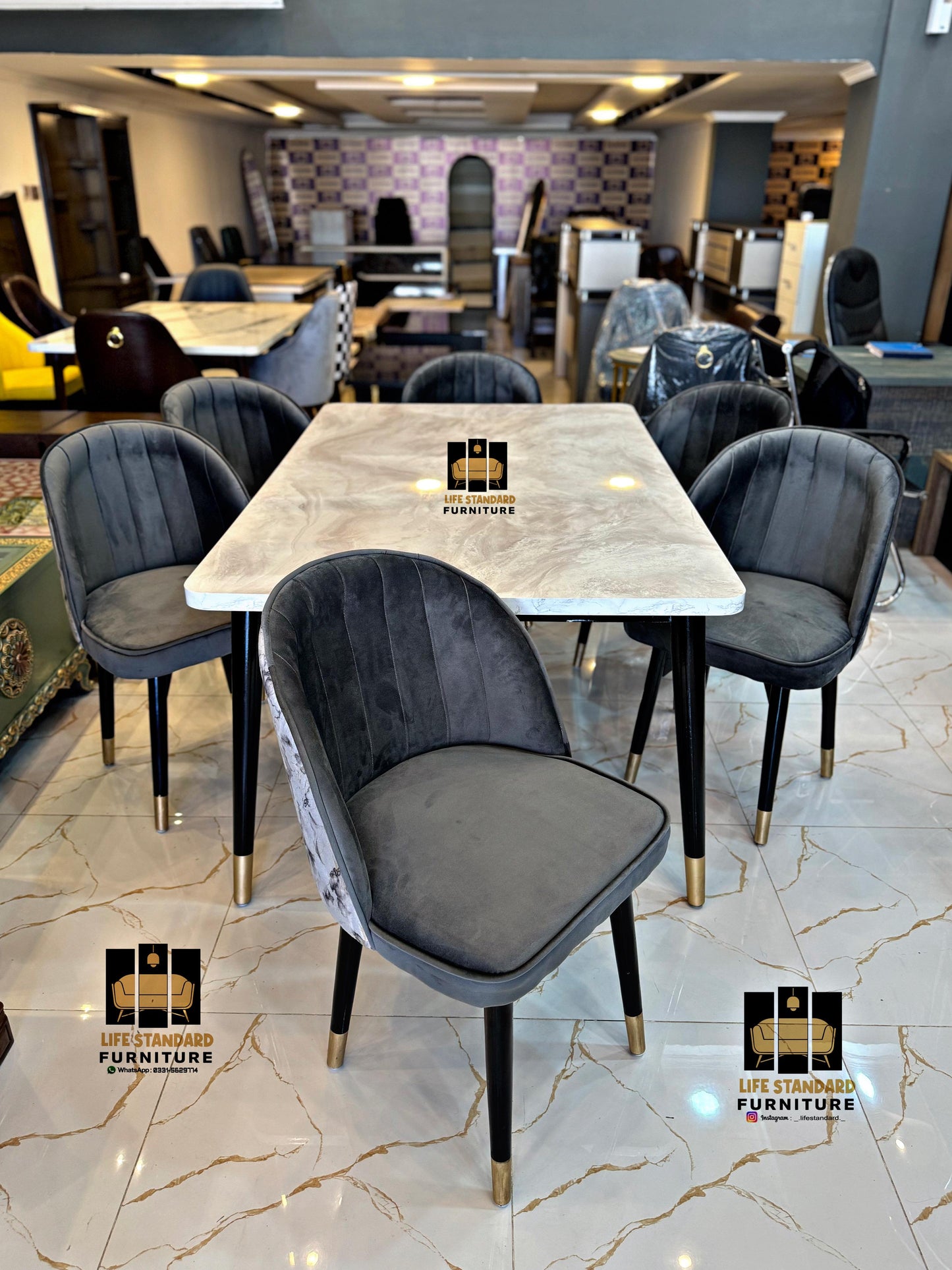 Modern Luxury Marble Dining Table Set with 6 Velvet Chairs – Elegant Gold-Tipped Desig